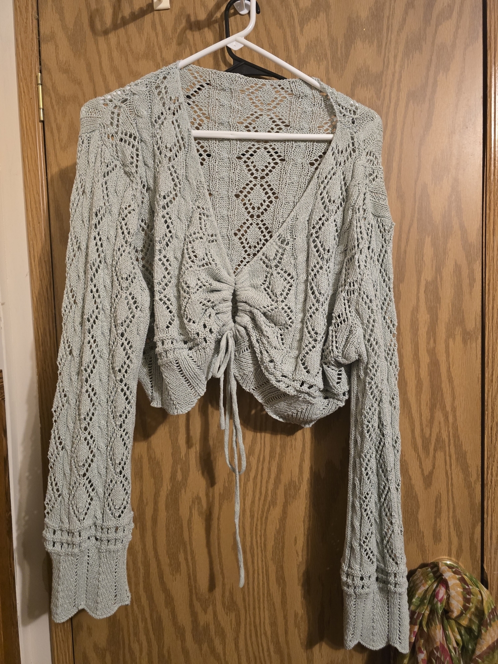 Drawstring Open-Knit Cardigan in Sage Green